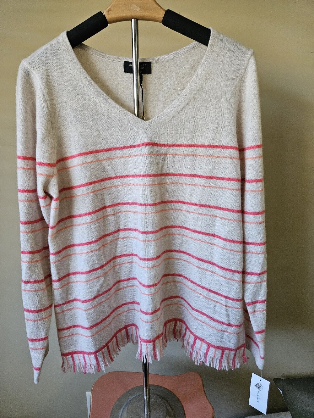 NWT Charter Club Luxury 100% Cashmere Striped Fringe V-Neck Sweater- Size L